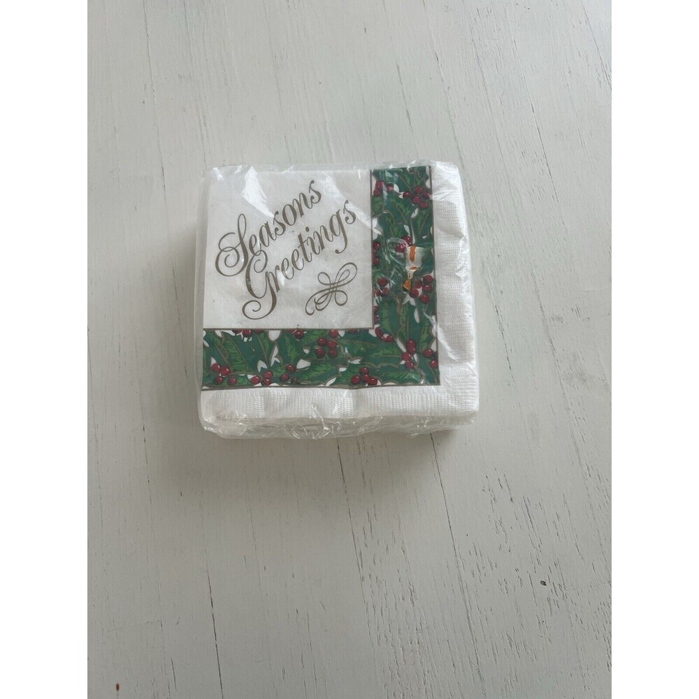 Vintage 1998 Party House Christmas Napkins Seasons Greetings‎ Holly 48ct 2-Ply